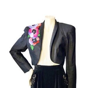1980s Black Vintage Cropped Linen Designer Jacket With Bright Floral Appliques